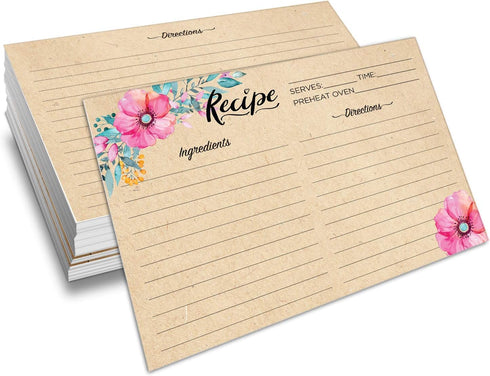 Set of 50 Double Sided Recipe Cards 4x6 Inch, Thick Cardstock with Lines, Large Writing Space (Floral Kraft Look)