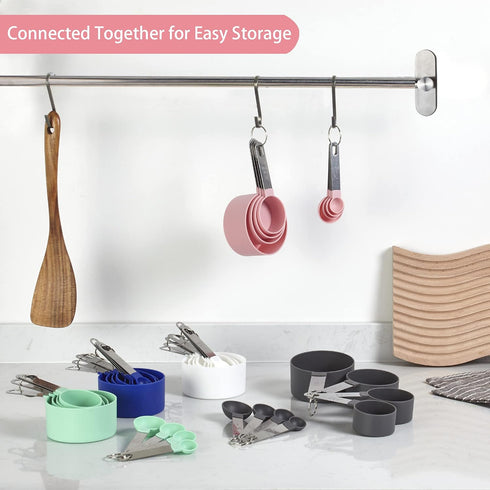 Huygens Measuring Cups and Spoons Set, 10 Pieces, Stackable Stainless Steel Handle, Pink for Dry and Liquid Ingredients