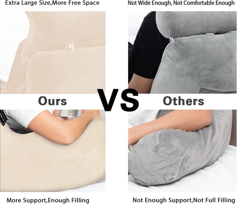 31" Reading Pillow-Extra Large Bed Rest Pillow with Detachable Neck Roll & Arms for Sitting in Bed or Couch-Backrest