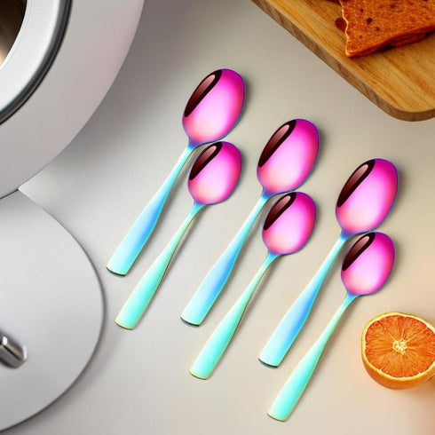 Rainbow Teaspoon Set of 6, 6 inches Mini Stainless Steel Silverware Dessert Spoons for Home, Kitchen, Restaurant,