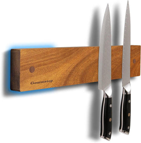 12" Magnetic Knife Holder for Wall - Acacia Wood Knife Strip - No Drilling Strong Magnet Knife Rack for Kitchen
