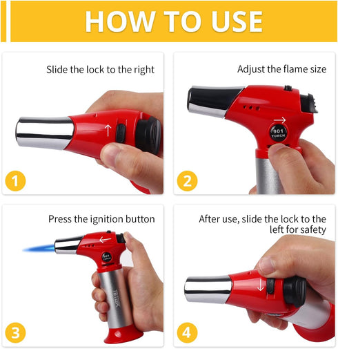 TBTEEK Butane Torch T901, Kitchen Torch Cooking Torch with Safety Lock & Adjustable Flame for Cooking, BBQ, Baking, Brulee, Creme, DIY Soldering(Butane Not Included), Red by TBTeek