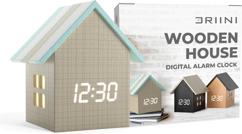 Driini Digital House Shaped Alarm Clock with Temperature Display (Stripe Wood) Modern
