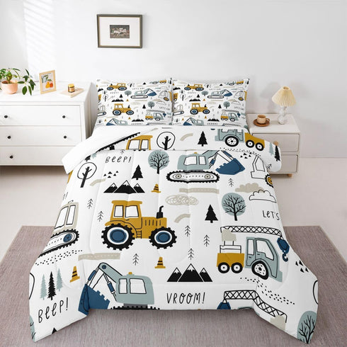 Set Set Set Set 3Pcs Feelyou Cartoon Car Kids Comforter Construction Bedding for Boys Toddler Decor Equipment Trucks
