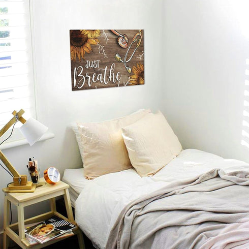 Sunator Just Breathe Canvas Wall Art, Beautiful Sunflower and Medical Stethoscope Inspirational Picture
