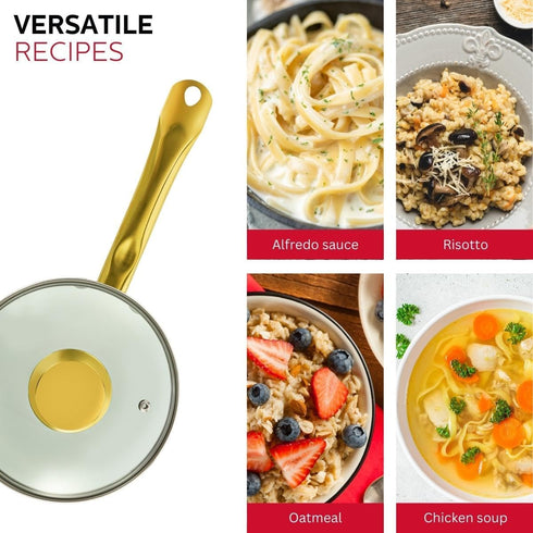 Holstein Housewares 2.5QT White Ceramic Nonstick Saucepan with Lid, Gold Color & Stainless Steel Handle