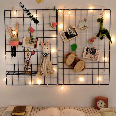 GBYAN 2 Pack Wire Wall Grid Panels with Lights and Clips, Large Photo Board for Home, Office Room Decoration