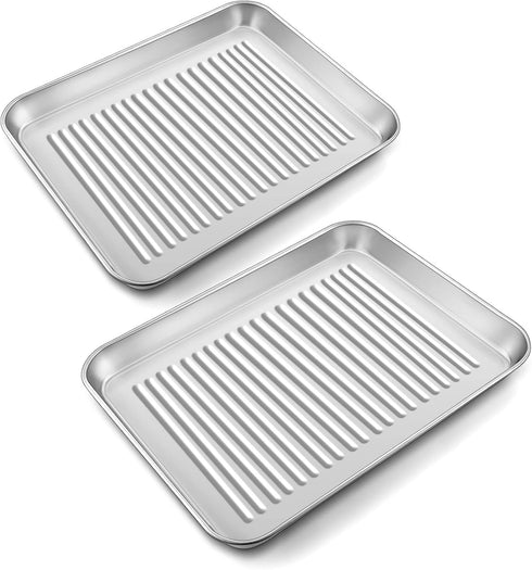 P&P CHEF Mini Toaster Oven Pan Set of 2, 9 x 7 x 1 Inch Stainless Steel Small Baking Cookie Pan for Cooking & Roasting