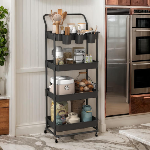 4-Tier Buzowruil Rolling Utility Cart, Storage Cart with Handle Multi-Purpose and Locking Wheels,with Hanging Basket