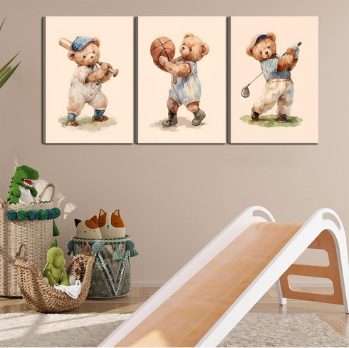 SFXYRTAH Decorations12x16in Teddy Bear Sports Nursery Animal Canvas Wall Art Cute Woodland Rugby Wall Decor Pictures