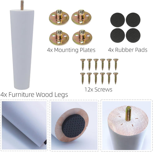 WEICHUAN White Round Solid Wood Replacement Sofa Couch Chair Legs, 8" Set of 4 for Furniture