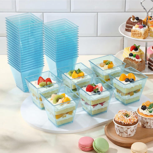 50 8 oz Mifoci Pcs Blue Plastic Dessert Appetizer Cups Clear Mini Cake Salad Cups for Party Yogurt Parfait Containers