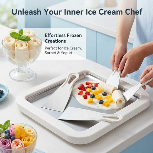 2 Frozen Rolled Ice Cream Maker Kit, DIY Ice Cream Roll Tray with Scrapers, No Electricity Required, Stainless Steel