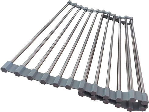 Roll Up Dish Drying Rack, Stainless Steel and Silicone Over The Sink Foldable Drain Rack for Kitchen, 14.5” x 14”, Gray