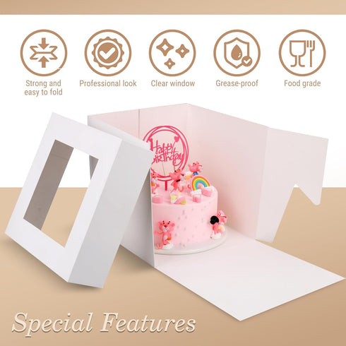 Cakebon Cake Boxes with Cake Boards, 10 Inch Cake Box with Window for Birthdays, Weddings, and Parties
