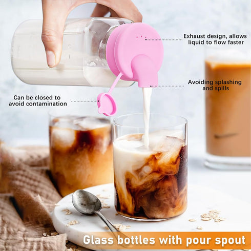 4 Pack 16 Oz Sovietiep Square Glass Milk Bottle with A Silicone Dispenser Cap, Glass Juice Bottles with Airtight Screw