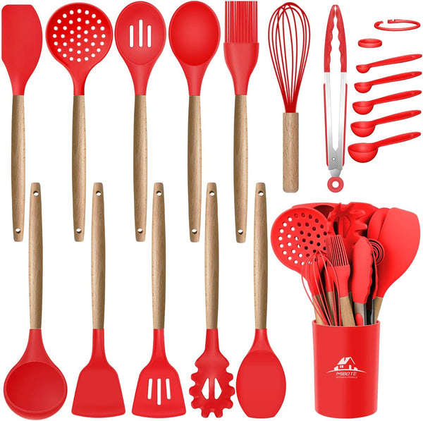 MIBOTE 17 Pcs Silicone Cooking Utensils Set - 446°F Heat Resistant Kitchen Gadgets with Holder, Red