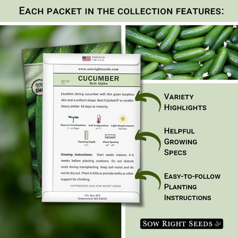 Pack Packets Sow Right Seeds - Cucumber Seed Collection for Planting - Pale Armenian, Pickling, Lemon, Beit Alpha