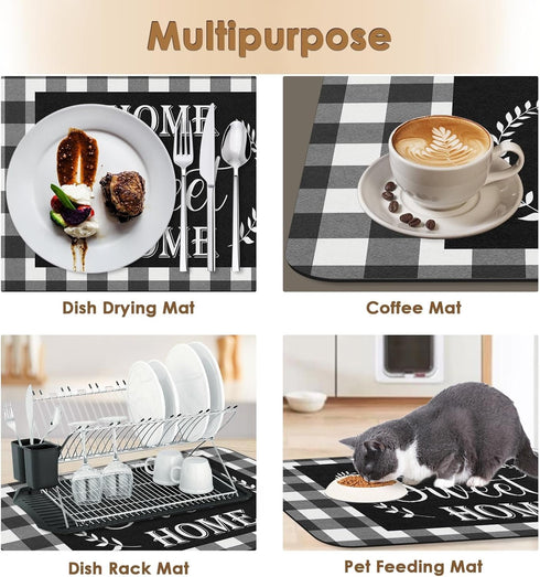 Coffee Mat for Countertops, 2 Pcs Black White Grey Buffalo Grid Dish Drying Mat for Kitchen Coffee Bar Accessories