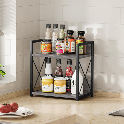 Giikin 2 Tier Countertop Shelf Organizer - Grey Desktop Coffee Organizer, Spice Rack for Kitchen