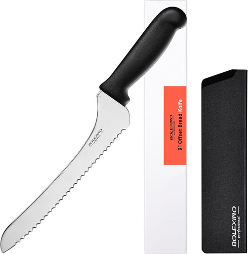 9 Inch Offset Serrated Bread Knife, High Carbon Stainless Steel Multi-Purpose Kitchen Knife for Homemade Bread, Cake,
