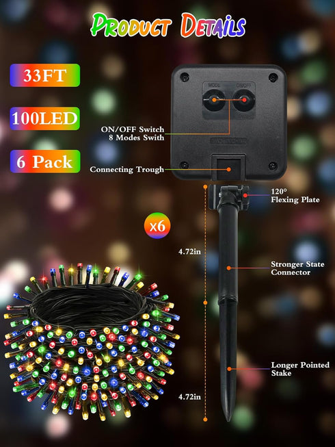 6 Pack 198FT 600 8 Christmas Solar String Lights Outdoor Waterproof, LED Green Wire Solar Fairy Lights with Modes