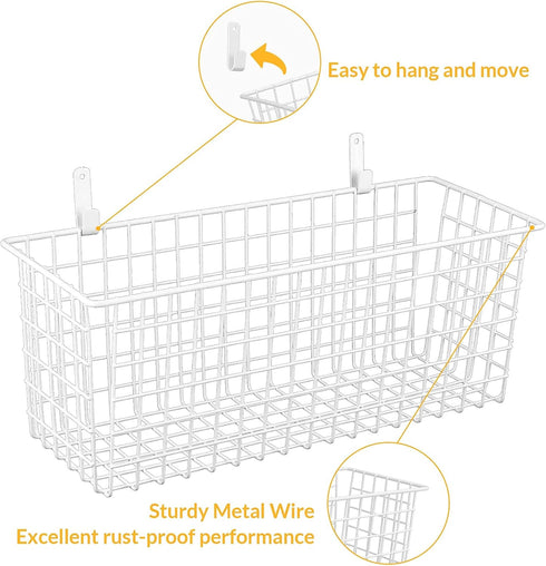 2 Sets Extra Large White Metal Hanging Wall Baskets with Steel Hooks for Organizing Storage