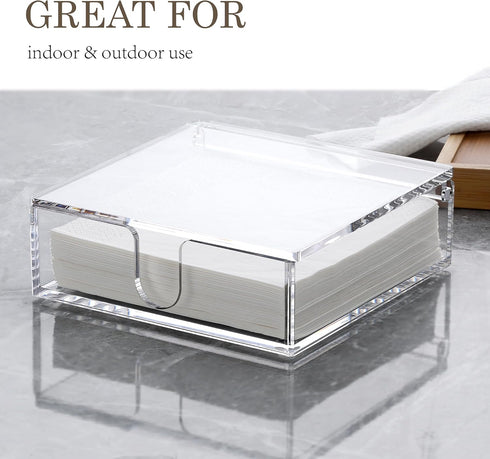 Acrylic Napkin Holder, 7"x 7"x 2.4" Flat Dispenser with Lid, Waterproof Paper Napkin Container for Kitchen & Bathroom