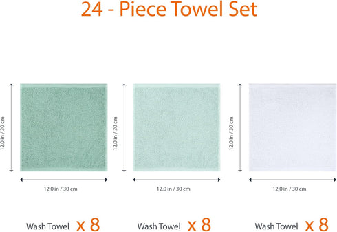 12 12 24-Pack Amazon Basics Cotton Washcloths for Bathroom, Fast Drying, Extra Absorbent, x in, Seafoam Green, Ice