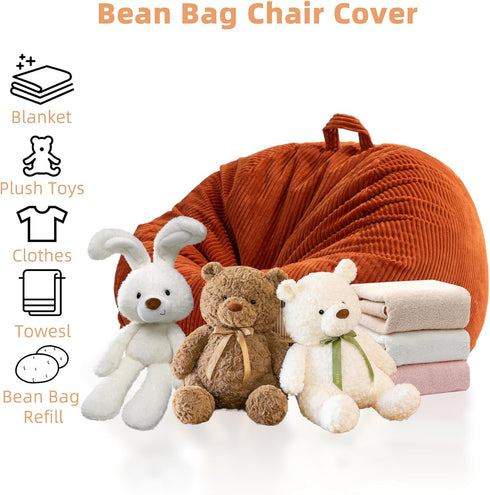Large Stuffed Animal Storage Bean Bag Chair, 3 ft Giant Heavy Soft Corduroy Cover for Kids, Living Room Sofa
