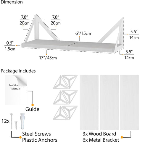 Wallniture Minori Washed White Floating Shelves for Wall Storage, Set of 3 Wood Bathroom Shelves with White Brackets