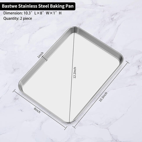 Baking Sheets Set of 2, Bastwe Stainless Steel Cookie Sheet Pan Tray, Size 10 x 8 x 1 inch, Non Toxic & Easy Clean,