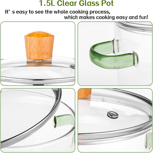 1.5L Glass Cooking Pot, 51oz/6cups Simmer Pot for Stove Top, Oven/Gas Safe (Green Handle)