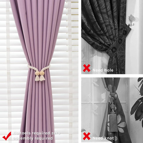 2 Pack NICEEC Wooden Ball Magnetic Curtain Tiebacks Boho Home Decor Drape Tie Backs Natural Cotton Hand Woven Rope