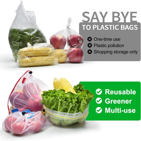 Mipruct 24 Pack Reusable Produce Bags, Mesh See-Through Grocery Bags, Washable, 3 Sizes for Fruits, Vegetables, Toys