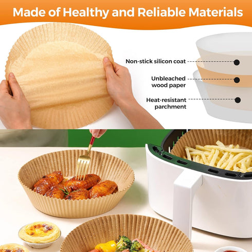 Air Fryer Paper Liners Disposable, 100PCS Round Parchment Sheets, Grease and Water Proof Non Stick Basket Liners