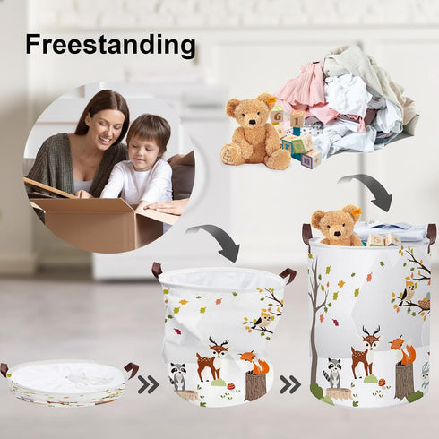 Clastyle 45L Woodland Animals Laundry Basket, Collapsible Waterproof Storage Basket with Handle - 14 * 17.7 in