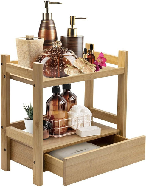 Sorbus 2-Tier Bamboo Countertop Shelf with Hidden Drawer, Makeup Organizer, Multi-Purpose Storage for Skincare