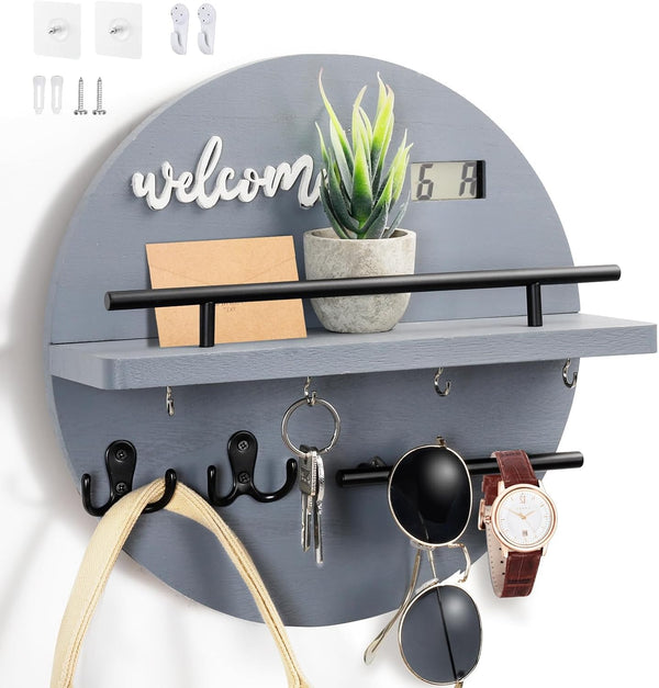 Key Holder for Wall, Key and Mail Organizer with Round Wooden Rustic Decor for Entryway, Mudroom, Kitchen Office
