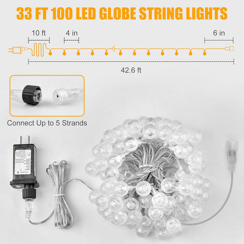 33 100 8 Minetom Globe String Lights - Plug in ft LED Crystal Globe Fairy Lights with Lighting Modes and Remote