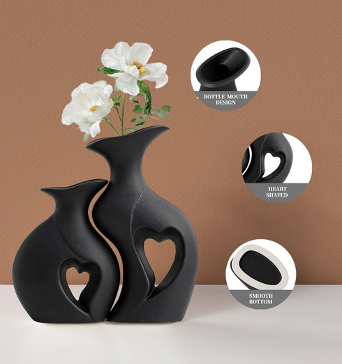 Set 2,Filled Black Ceramic Vase of with Love,Modern Minimalist Bohemian Vases Home DecorHeart Shape Matte Ceramic Vases