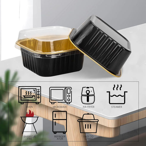 50 Pcs Mini Square Baking Cups with Lids, 5oz Aluminum Foil Mini Cake Pans for Wedding Birthday Party, Black Gold