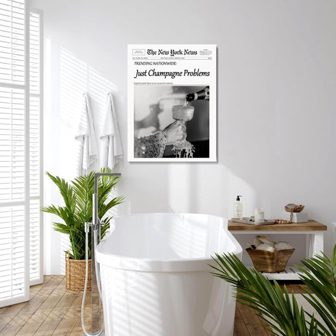 hottaacanvas 12x16 Champagne Problems Newspaper Framed Wall Art,Trendy Retro Black and White Wall Art for Bar Cart
