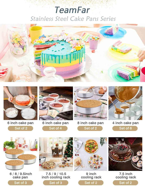 TeamFar 9½ Inch Cake Pan Set of 3, Round Stainless Steel Cake Pans for Baking, Steaming, Serving, Perfect for