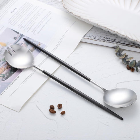 Salad Servers Spoon and Fork Set, 11.41 inch, 18/10 Stainless Steel with Titanium Plating (Black Silver)