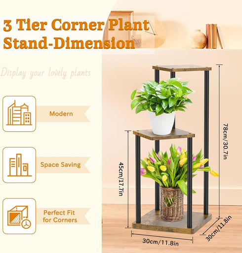 3 Oppro Tier Corner Plant Stand Indoor, Metal Wood Flower Pot Holder Shelf, Multiple Display Rack Square Table