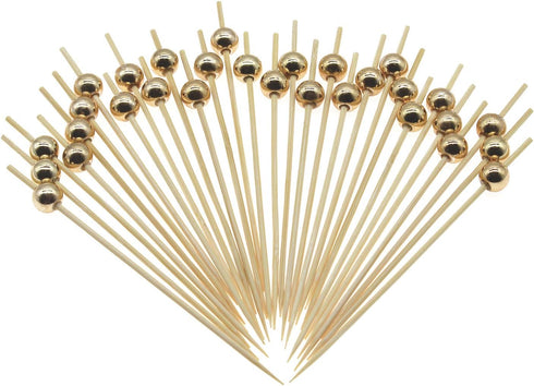 Minisland Gold Pearl Cocktail Picks, 4.7 Inch Bamboo Toothpicks for Appetizers, 100 Counts Decorative Skewer Sticks