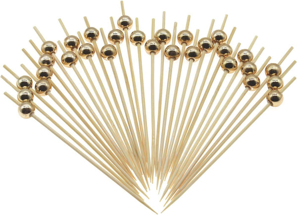 Minisland Gold Pearl Cocktail Picks, 4.7 Inch Bamboo Toothpicks for Appetizers, 100 Counts Decorative Skewer Sticks