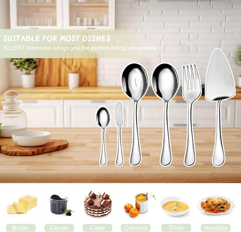 6-Piece Serving Utensil Set with Spoons, Forks, Tongs, Soup Ladle, and Pie Server, Dishwasher Safe (5.5-11 Inch)