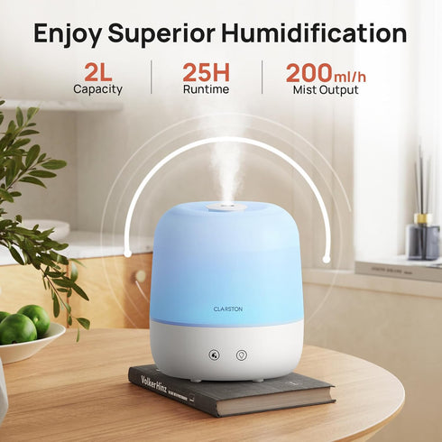 2L 360 Nozzle 7-Color 24dB Clarston Humidifiers for Bedroom, Top Fill with for Large Room, Night Light, Quiet Cool Mist